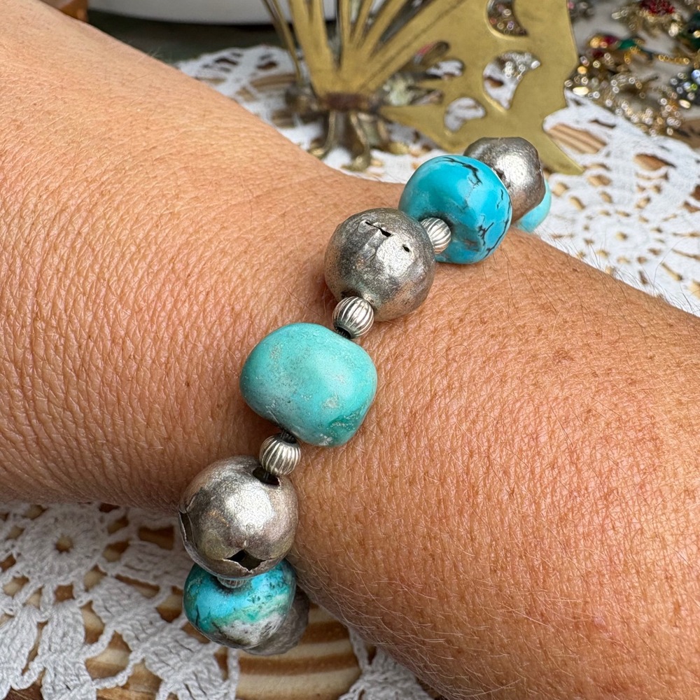 Vintage Handcrafted Bracelet Southwestern Boho Faux Turquoise 925 Silver